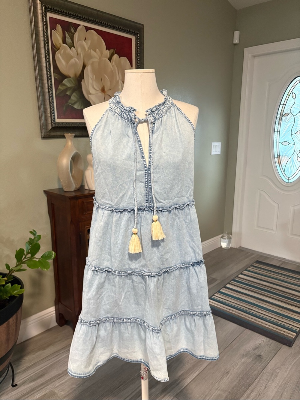 THML Light Blue Chambray Halter Dress with Tassel Tie